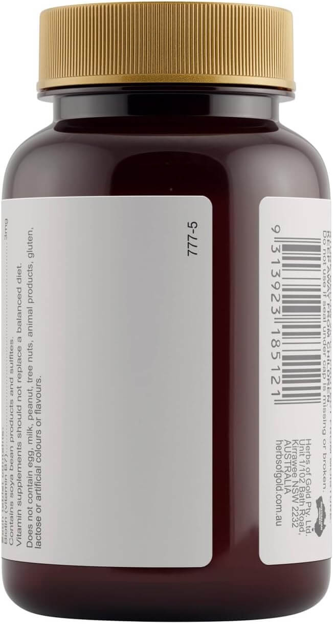 Herbs of Gold Biotin 3mg tablets bottle side view, 60 count for healthy hair, skin, and nails support.