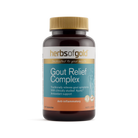 Herbs of Gold Gout Relief Complex supplement bottle with anti-inflammatory properties, 60 capsules for gout symptom relief.