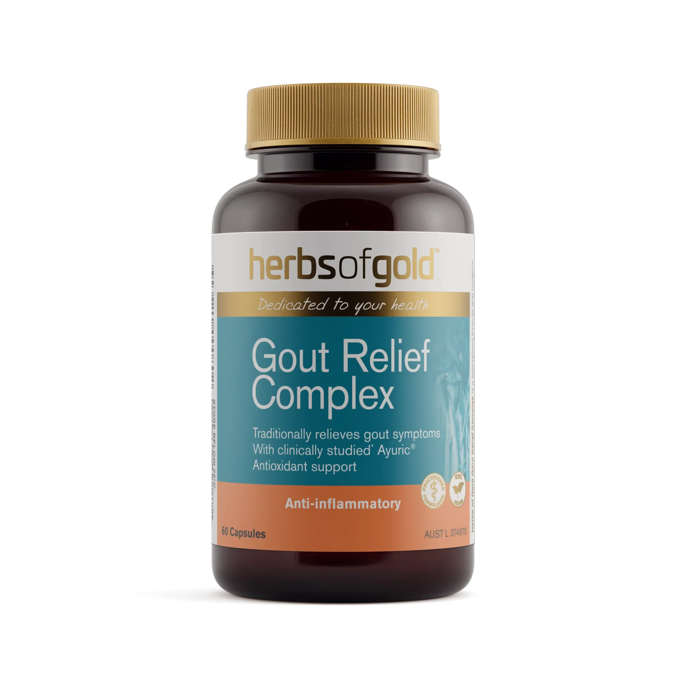 Herbs of Gold Gout Relief Complex supplement bottle with anti-inflammatory properties, 60 capsules for gout symptom relief.