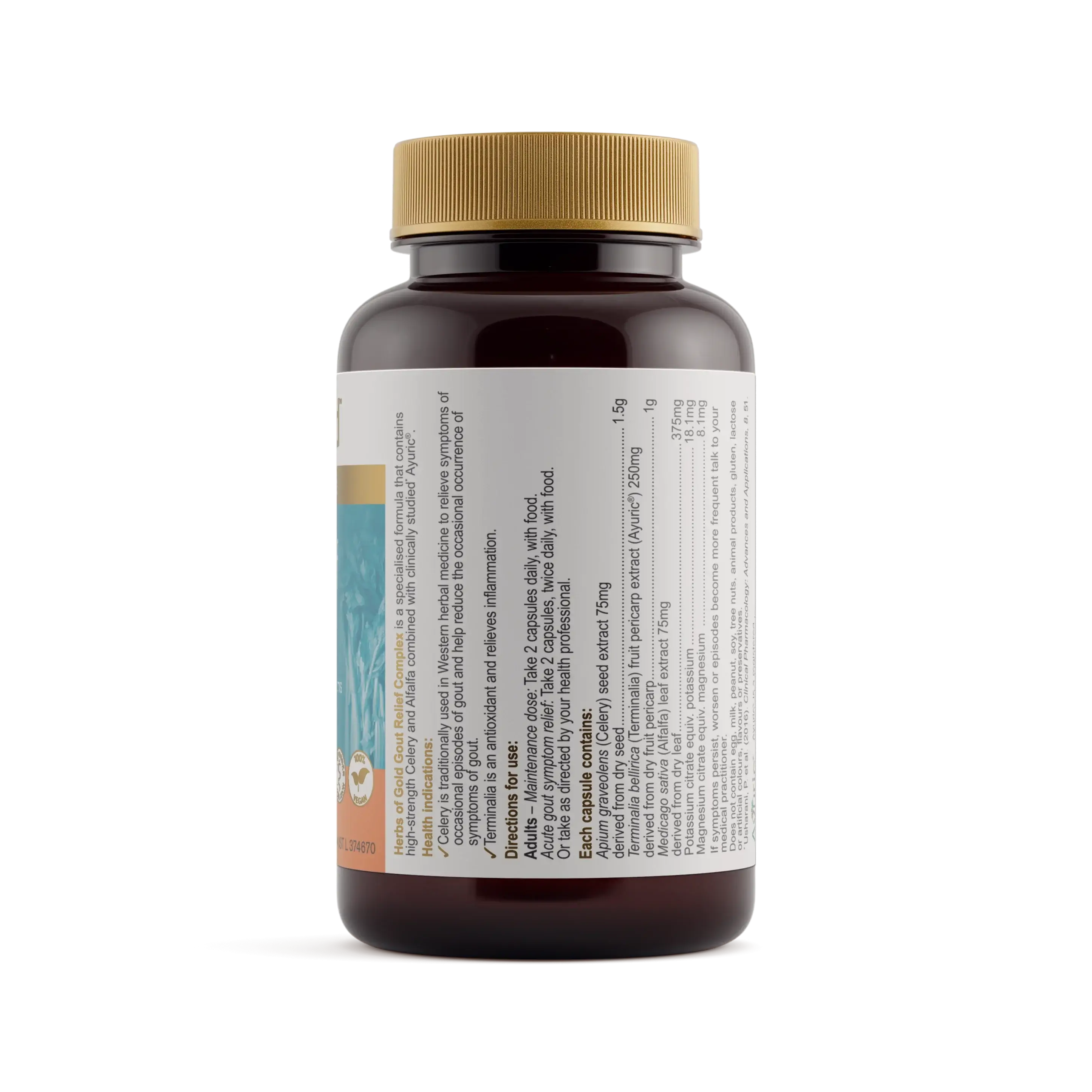 Herbs of Gold Gout Relief Complex supplement bottle showcasing label and ingredients.