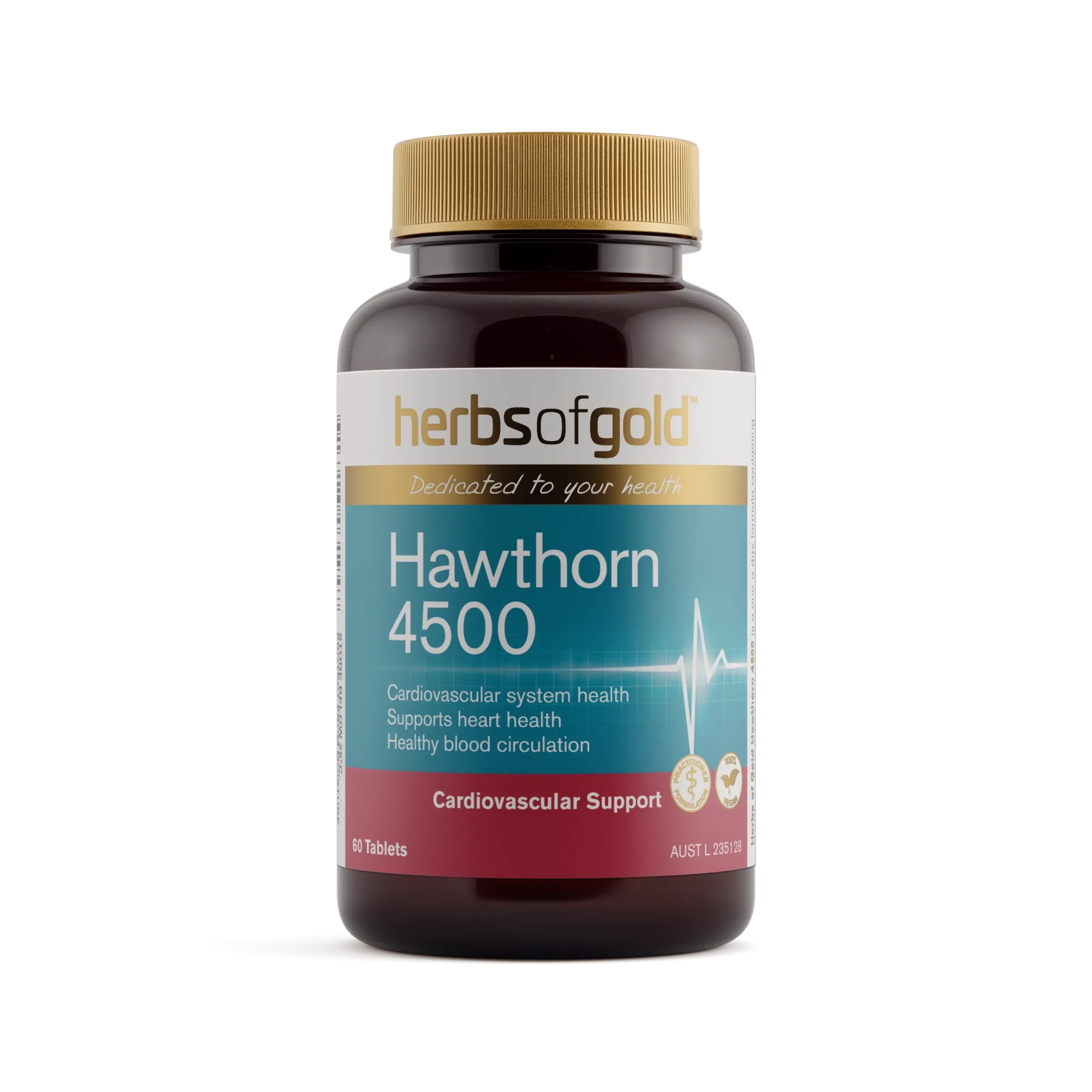 Herbs of Gold Hawthorn 4500 supplement bottle, supports cardiovascular system health, Hawthorn cardiovascular support supplement.