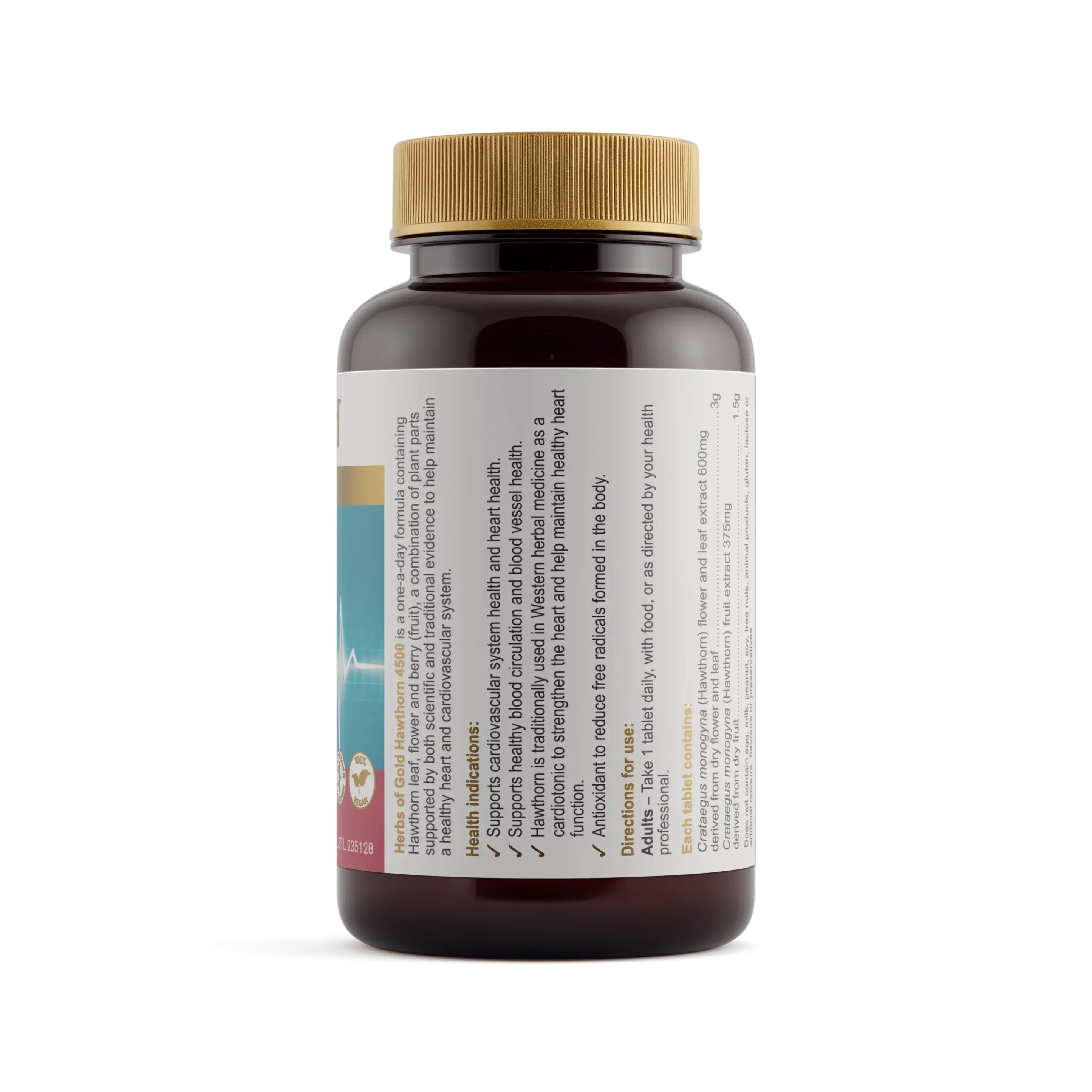 Herbs of Gold Hawthorn 4500 60T supplement bottle for Hawthorn cardiovascular support supplement.