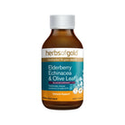 Herbs of Gold Elderberry Echinacea Olive Leaf Blackcurrant Oral Liquid immune booster bottle, 200ml with herbal ingredients visible