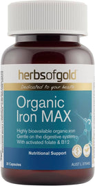Herbs of Gold Organic Iron Max 30 capsules, dietary supplement with organic iron, in a white bottle with label and capsules inside.