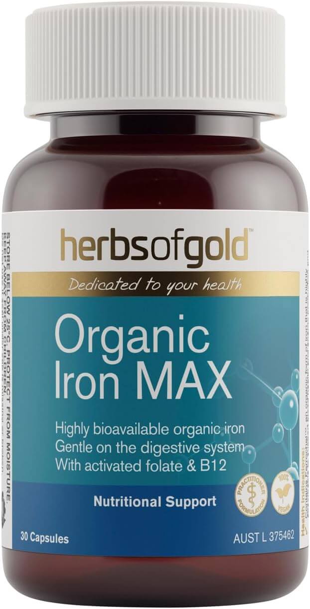 Herbs of Gold Organic Iron Max supplement capsules in a bottle, containing 30 iron max capsules for improved iron absorption.
