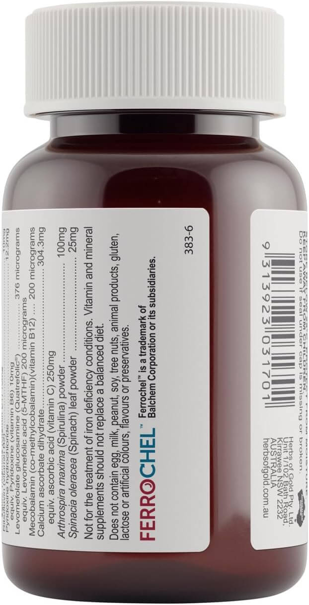 Herbs of Gold Organic Iron Max 30 capsules bottle showing the supplement's label and capsules inside the container.