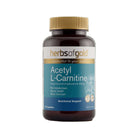 Herbs of Gold Acetyl L-Carnitine supplement bottles with 60 capsules, featuring the product label and cap.