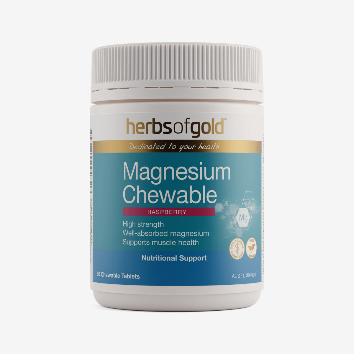 Herbs of Gold Magnesium Chewable tablets in a bottle, showing the label and 60 chewable magnesium supplement tablets inside.