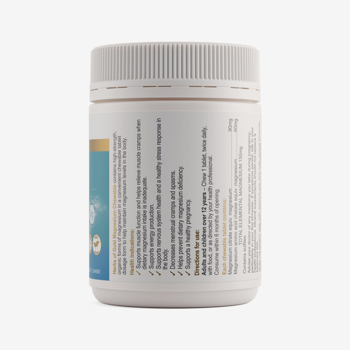 Ingredients panel for Herbs of Gold Magnesium Chewable Tablets, a magnesium supplement in a bottle of 60 chewable tablets.