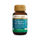 Herbs of Gold Probiotic 60 Billion, dietary supplement in a white bottle with label, showing capsules inside.