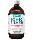 HealthWest Ionic Silver Practitioner Strength 50ppm in a 500ml bottle, showcasing the clear liquid inside the container.