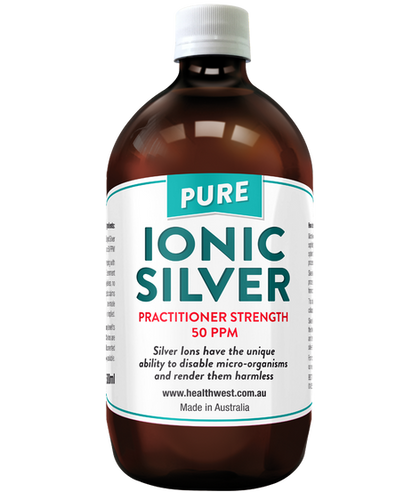 HealthWest Ionic Silver Practitioner Strength 50ppm in a 500ml bottle, showcasing the clear liquid inside the container.
