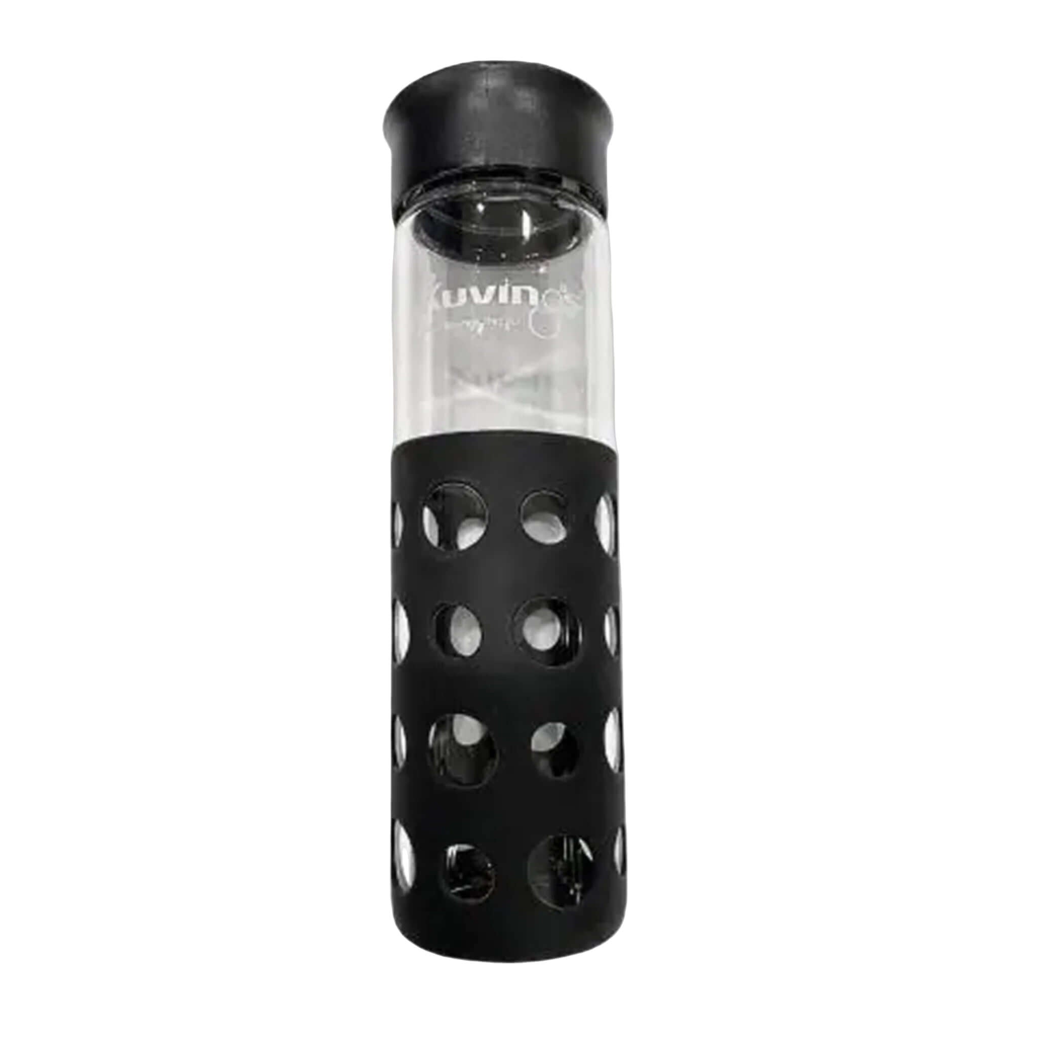 Black Kuvings glass sports bottle with silicone sleeve, 550ml capacity, featuring a sleek, durable design for hydration on the go.