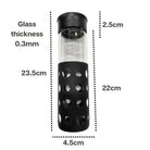 Black Kuvings glass sports bottle with 550ml capacity and silicone sleeve, featuring a sleek, durable design for active use.