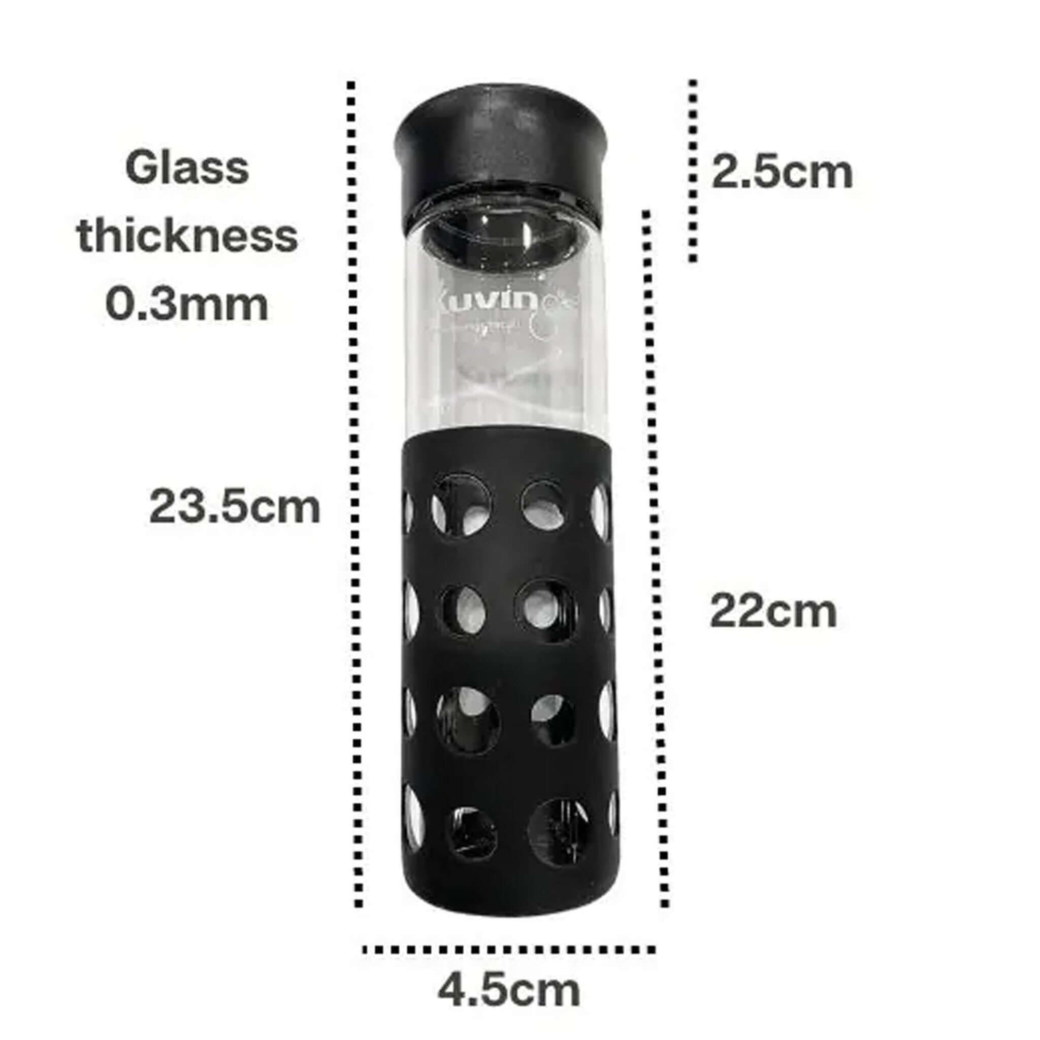 Black Kuvings glass sports bottle with 550ml capacity and silicone sleeve, designed for durable, eco-friendly hydration.