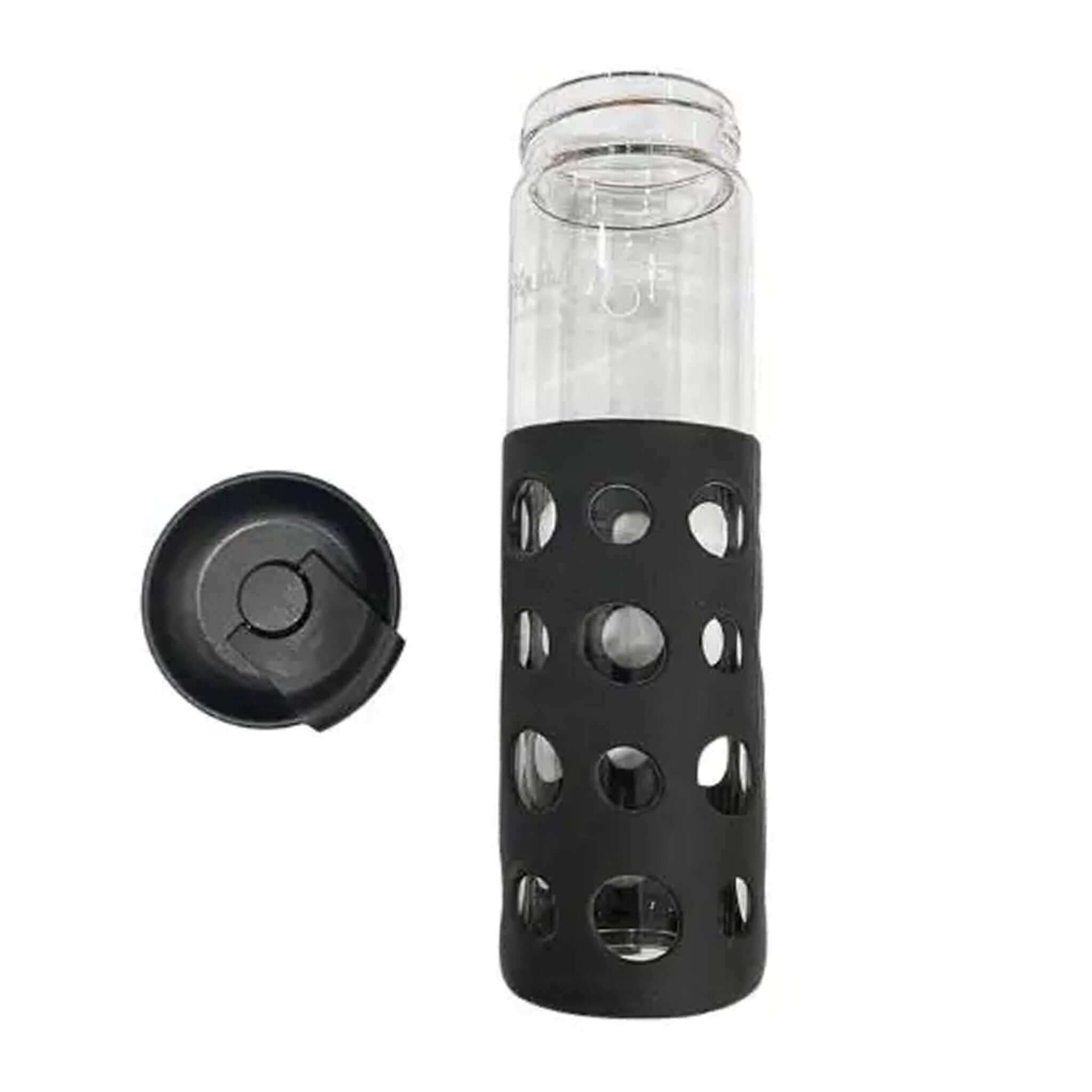 Black Kuvings glass sports bottle with silicone sleeve, 550ml capacity, featuring a sleek design and durable construction.