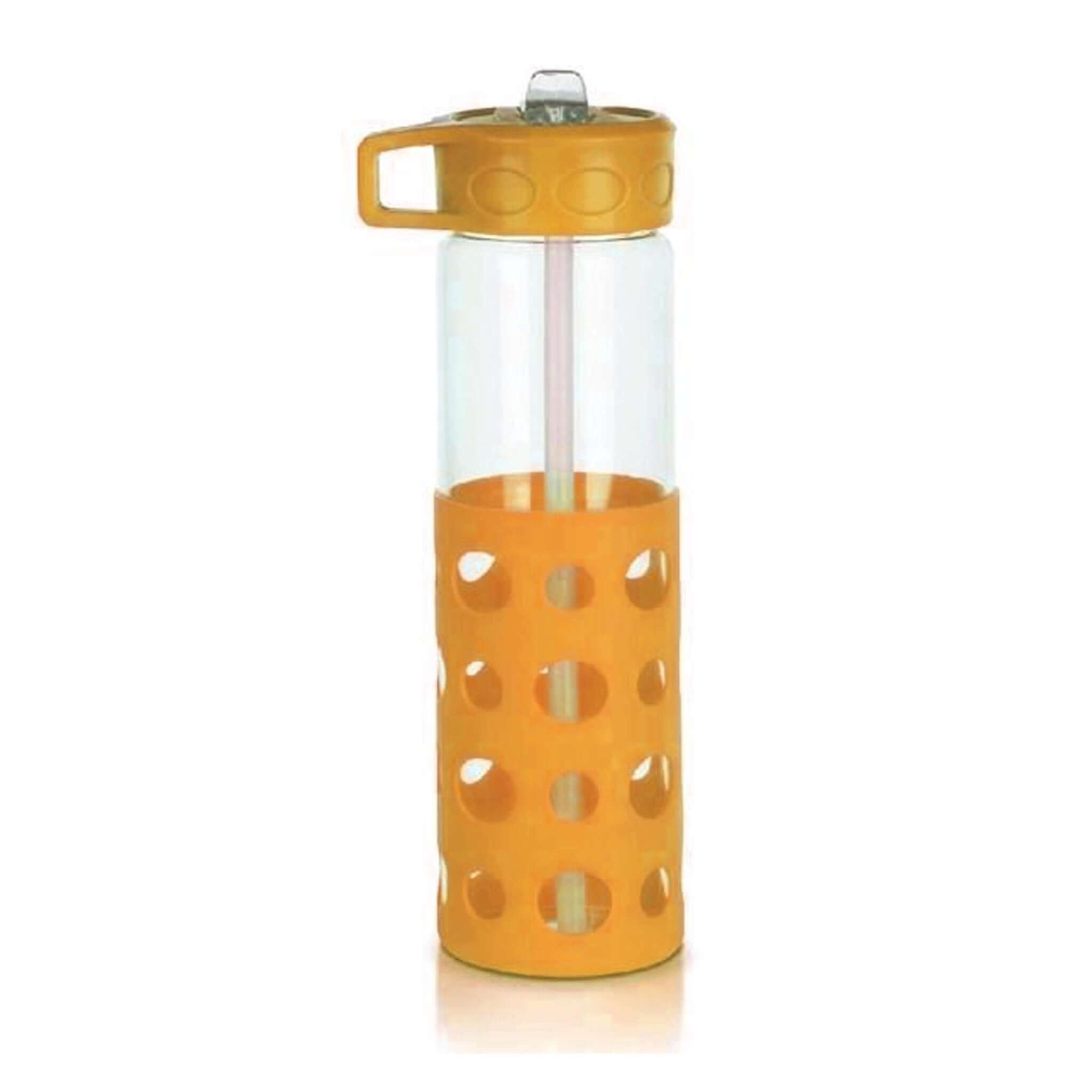 Orange Kuvings glass sports bottle with straw, 550ml capacity, transparent glass design for cold drinks and hydration.