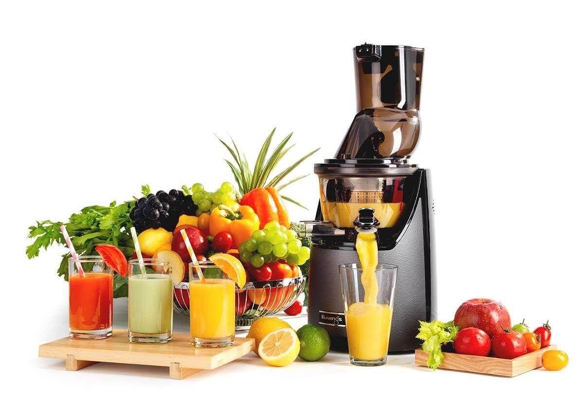 Kuvings EVO820 Evolution Cold Press Juicer in gun metal grey, a sleek home appliance for fresh juice extraction.