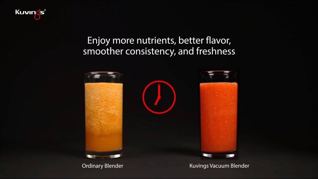 Pre-owned Kuvings high-speed quiet vacuum blender on a kitchen countertop, showcasing its sleek design and control panel.