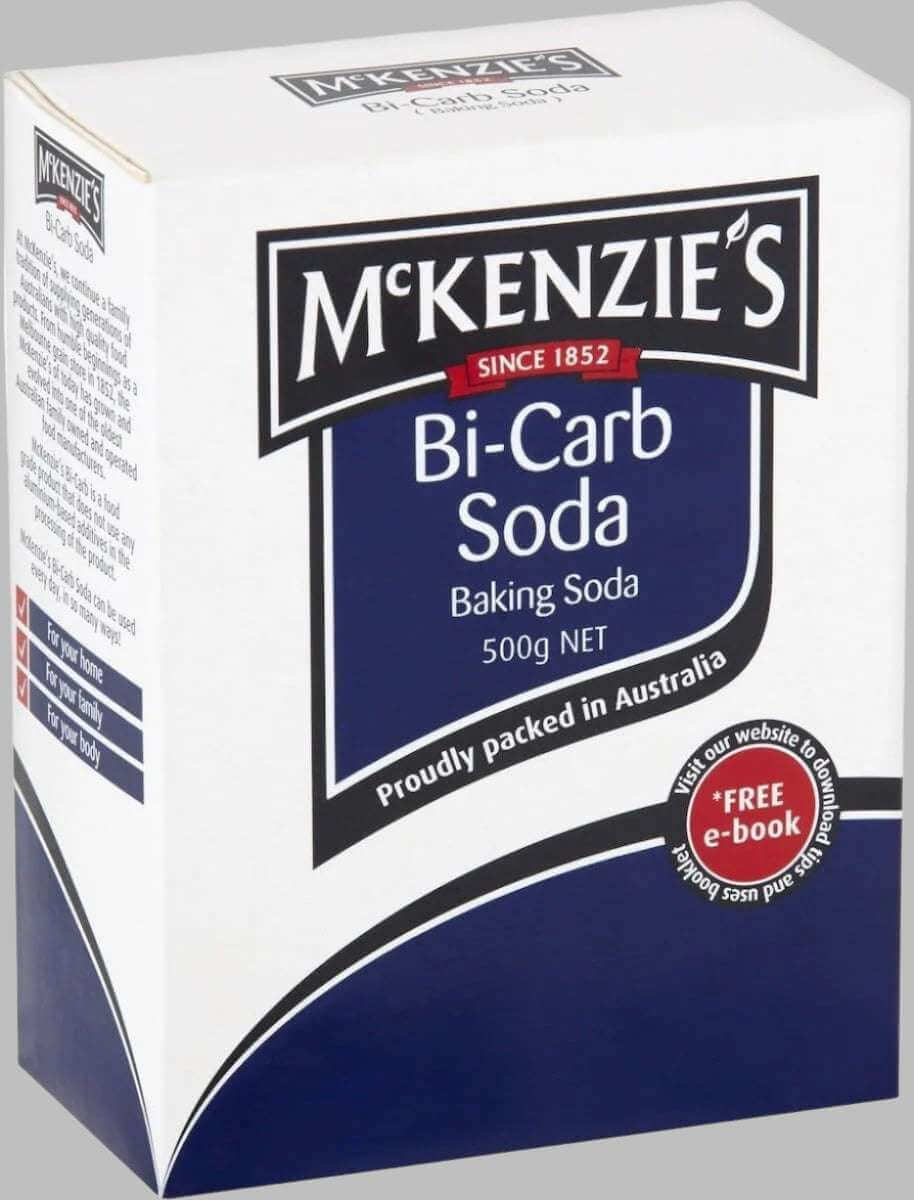 Box of McKenzie's Bicarbonate Soda 500g, a versatile baking soda product for cooking and cleaning applications.