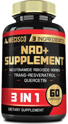 Mecisco 3in1 NAD+ supplement bottle with label showing 1200mg nicotinamide riboside, trans resveratrol, and quercetin capsules.