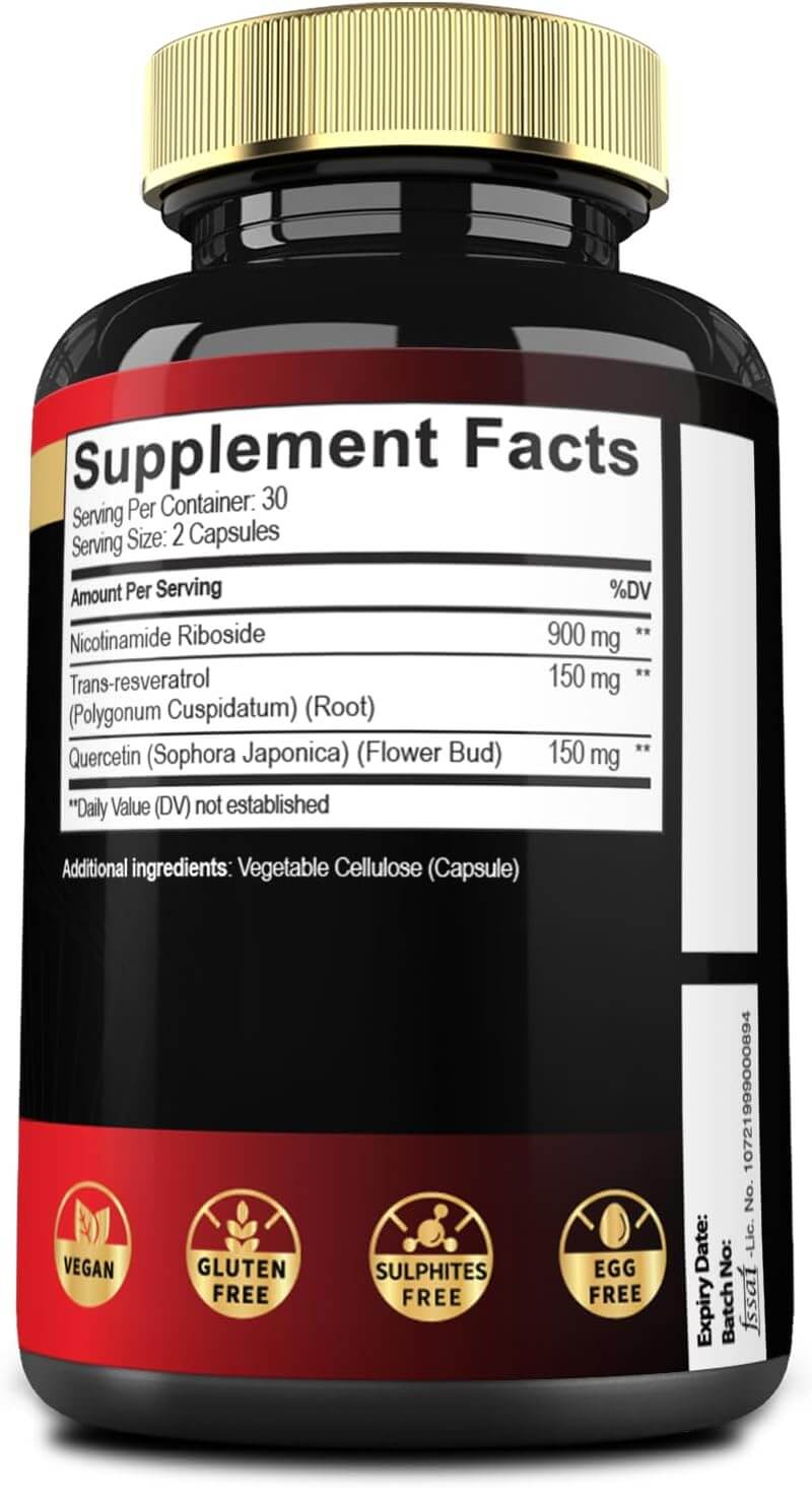 Mecisco 3-in-1 NAD+ supplement box showing packaging with labels for 1200mg nicotinamide riboside, trans resveratrol, and quercetin.