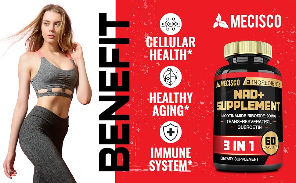 Mecisco 3-in-1 NAD+ supplement bottle with label highlighting 1200mg nicotinamide riboside, trans resveratrol, and quercetin.