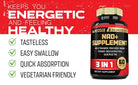 Mecisco 3-in-1 NAD+ supplement bottle with 1200mg nicotinamide riboside, trans resveratrol, and quercetin capsules.