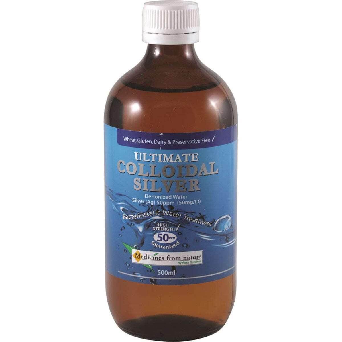 Medicines From Nature Ultimate Colloidal Silver 50ppm antibacterial 500ml bottle, clear liquid for immune support and antimicrobial use