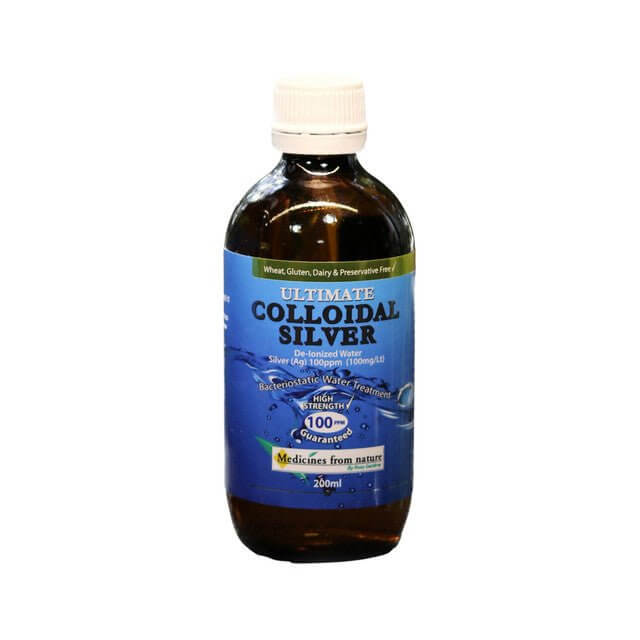 Bottle of Medicines From Nature Ultimate Colloidal Silver 200PPM 200ml, clear liquid with silver-colored label.