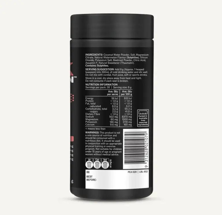 Melrose Peak Hydration Watermelon electrolytes packet, 180g, with fresh watermelon flavor and vibrant packaging.