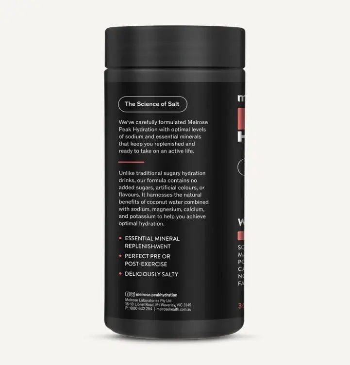 Melrose Peak Hydration Watermelon electrolyte powder in a 180g container, showcasing the watermelon flavor packaging.