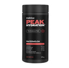 Melrose Peak Hydration Watermelon electrolyte powder in a 180g container with watermelon flavor and branding.