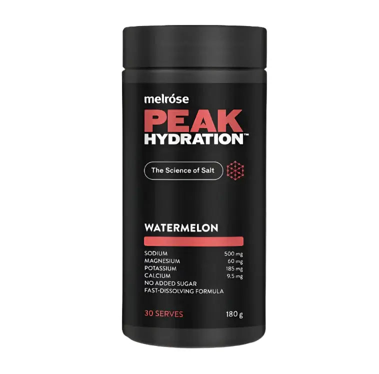 Melrose Peak Hydration Watermelon electrolyte powder in a 180g container with watermelon flavor and branding.