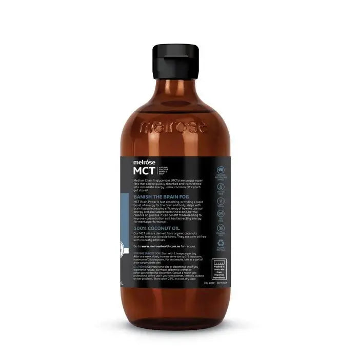 Bottle of Melrose MCT Oil Brain Power 500ml, clear container showing the golden oil inside with label details.