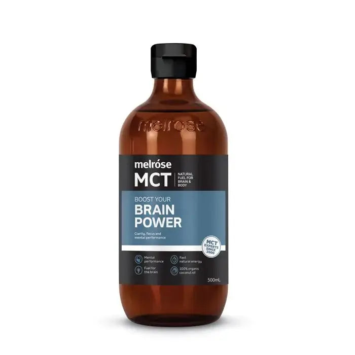 Melrose MCT Oil Brain Power 500ml bottle, clear container showing golden liquid, designed for mental focus and energy.