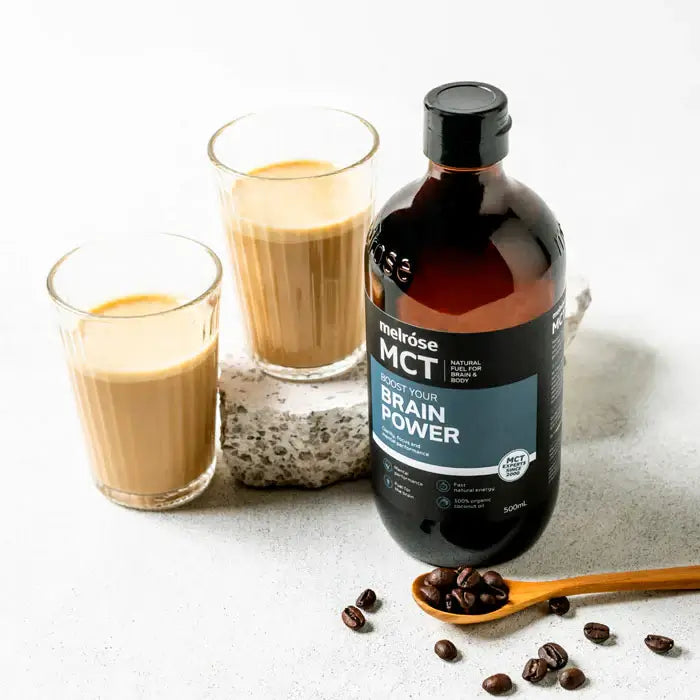 Melrose MCT Oil Brain Power 500ml bottle, clear container showing the golden MCT oil for energy and cognitive support.