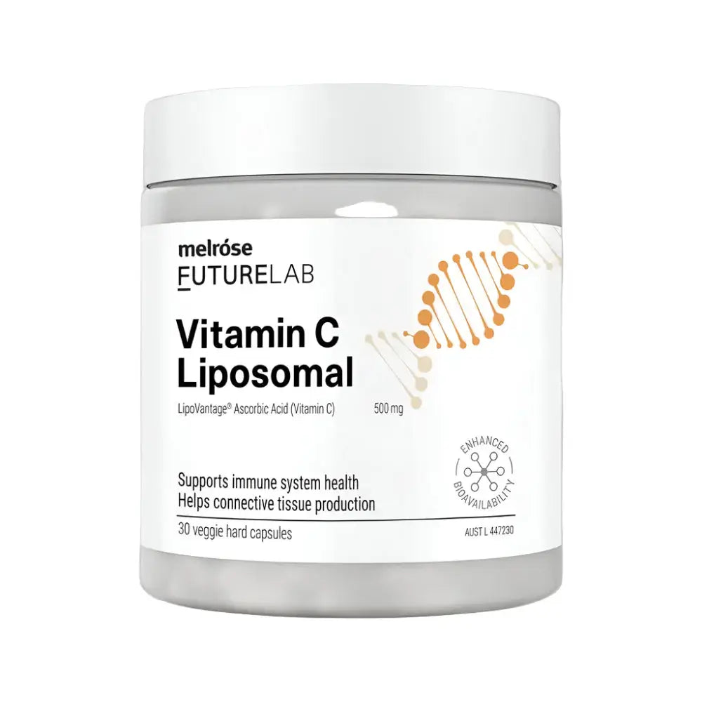 Melrose FutureLab Vitamin C Liposomal capsules in a bottle, dietary supplement with orange-colored capsules for immune support