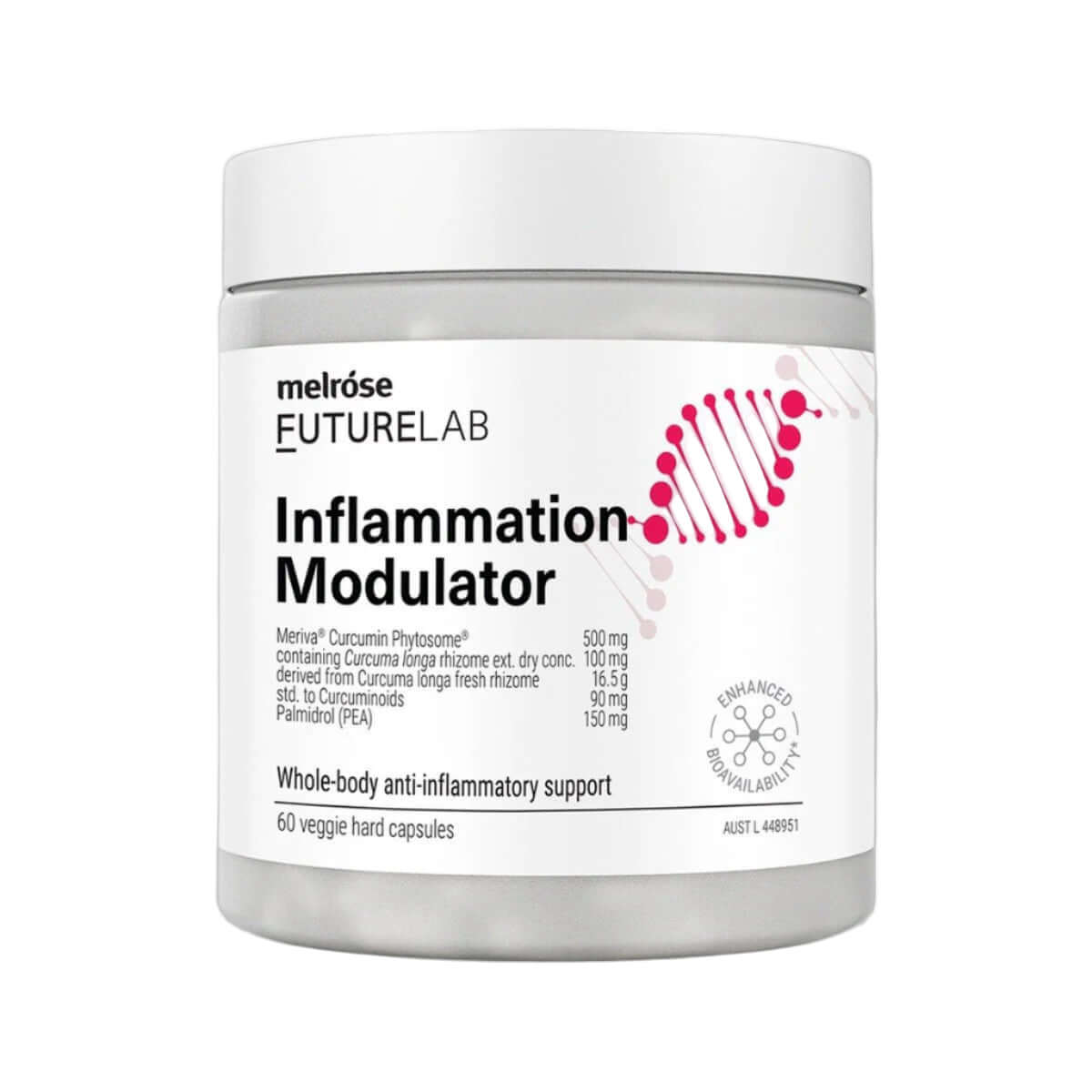 Melrose FutureLab Inflammation Modulator 60vc bottle, dietary supplement vitamins and herbs for reducing inflammation.