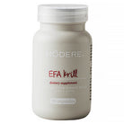 Modere EFA Krill supplement bottle with label featuring red and white design, placed on a white background.