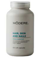Modere Hair, Skin and Nails supplement bottle with colorful capsules on a white background.