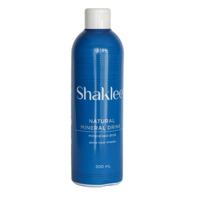 Modere Natural Mineral Drink 500ml bottle with clear liquid, featuring a blue and white label, displayed on a white background.