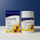 Natural Life Propolis 500mg capsules, 60-count, showing the supplement bottle with label details.