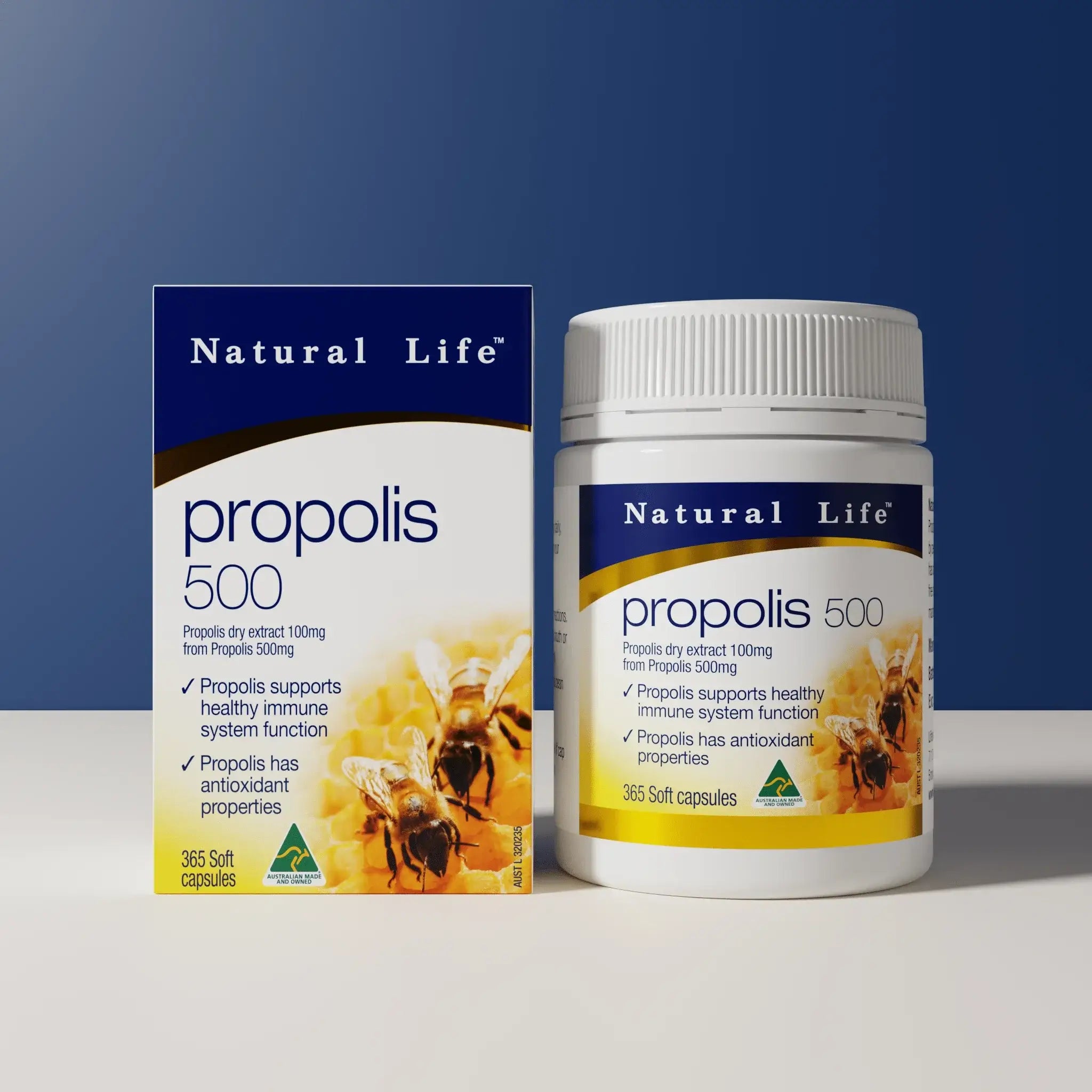 Natural Life Propolis 500mg capsules, 60-count, showing the supplement bottle with label details.