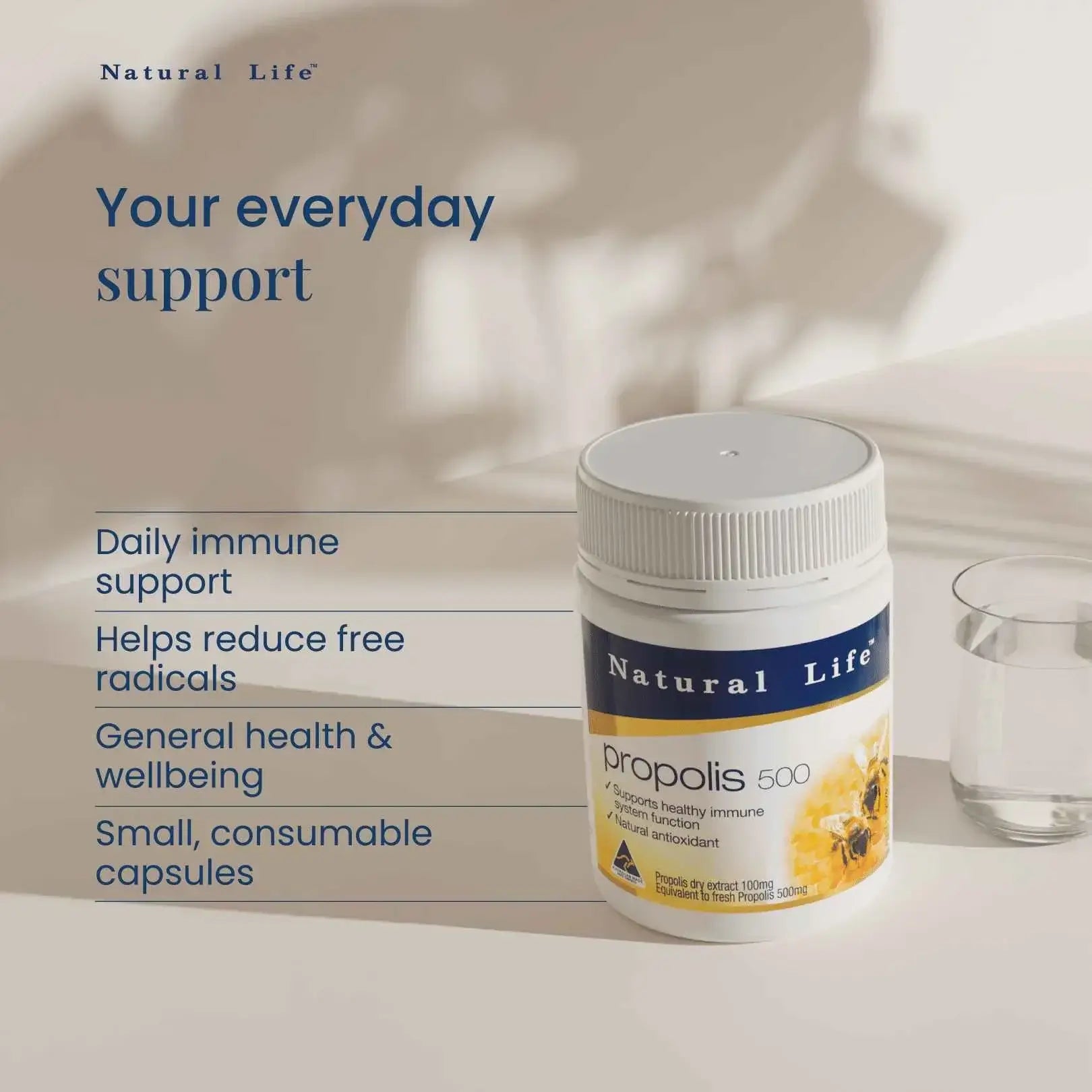 Natural Life Propolis 500mg capsules, 60-count, showing the supplement bottle with label details and capsules inside.