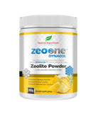 Natural Superfoods ZeoPine Pineapple Zeolite 200g in a clear container, showcasing yellow pineapples and mineral-rich zeolite crystals.