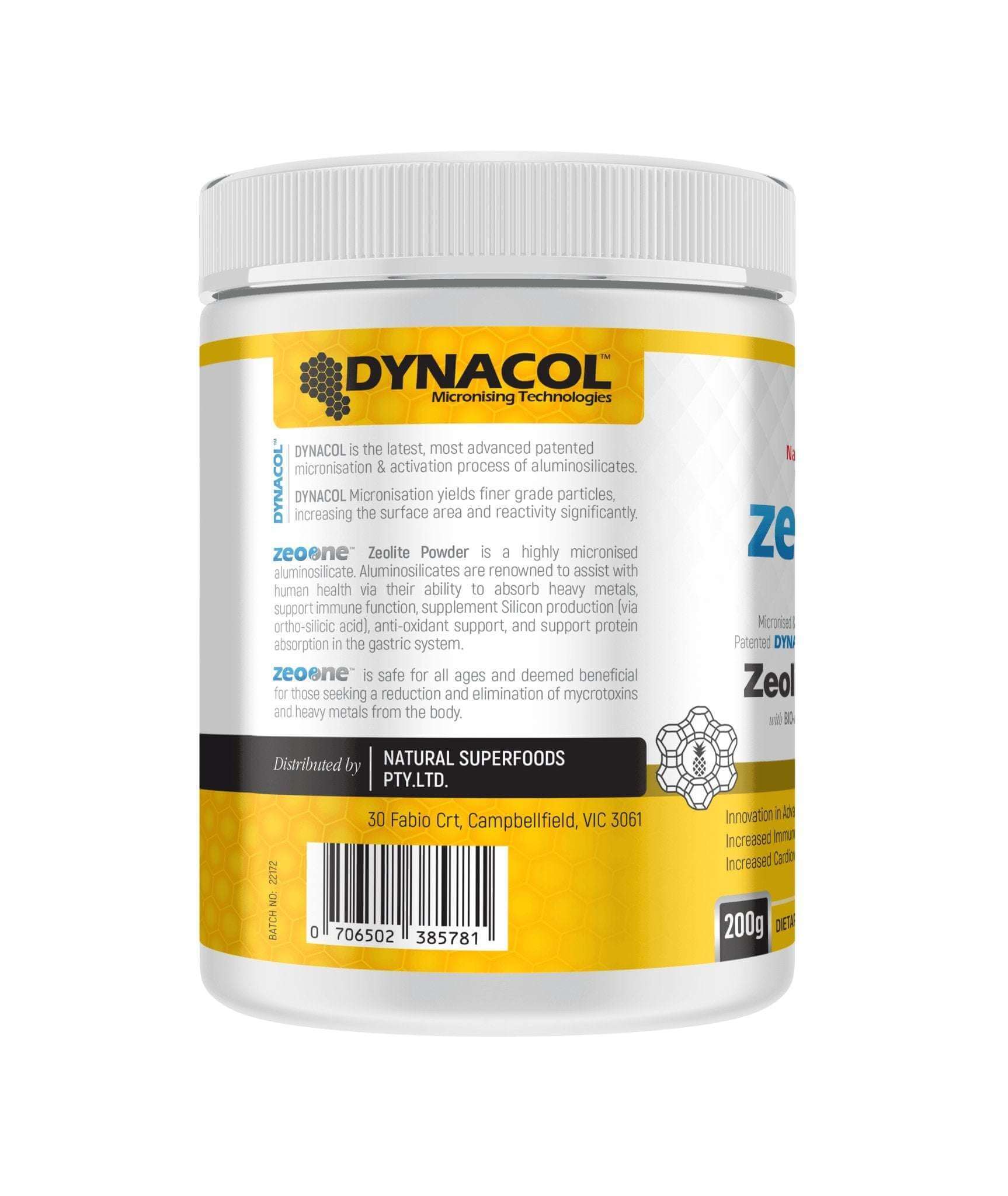 Natural Superfoods ZeoPine Pineapple Zeolite 200g in a clear container, showcasing the vibrant pineapple-colored mineral powder.