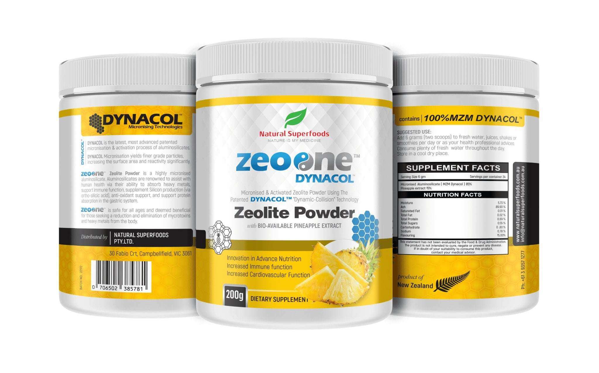 Natural Superfoods ZeoPine Pineapple Zeolite 200g, showing the yellow mineral crystals in a clear container.