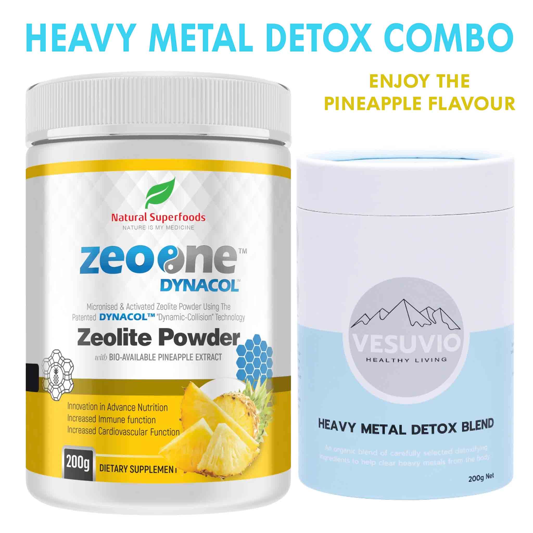 Natural Superfoods Heavy Metal DETOX Combo vitamins and supplements in bottles with labels, designed for detox and immune support.