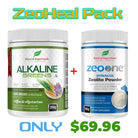 Natural Superfoods ZeoHeal Pack with zeolite and greens, showcasing the supplement in a clear container with fresh green ingredients.